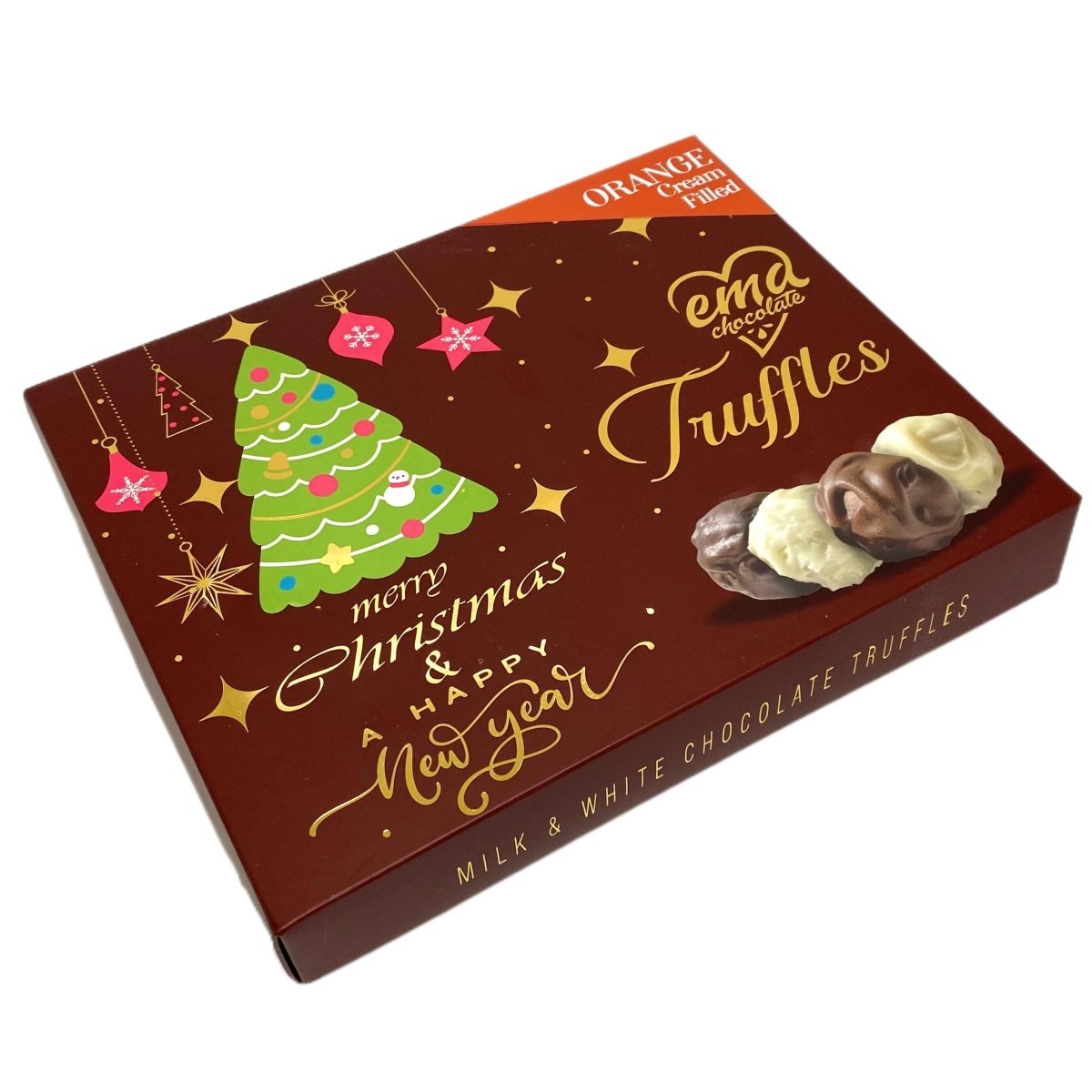 Ema Chocolate Milk and White Chocolate Truffles with Orange Cream Filled - Merry Christmas Box - 250g - TryAladdin