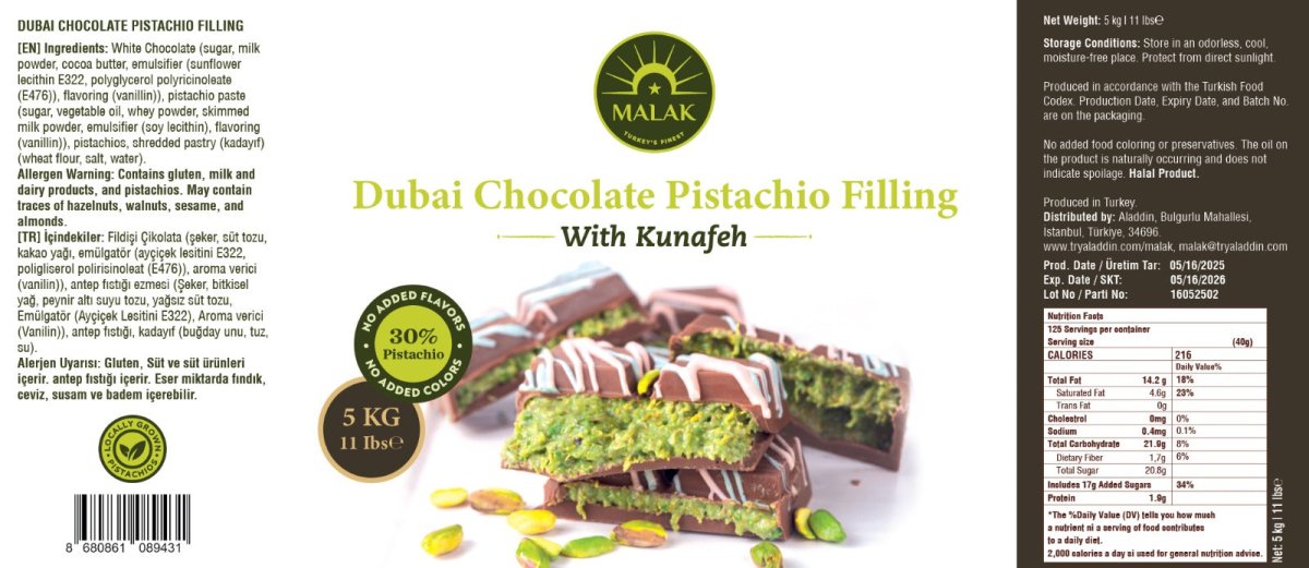 Malak Dubai Chocolate Pistachio Filling with with Kunafeh - 30% Pistachio - TryAladdin