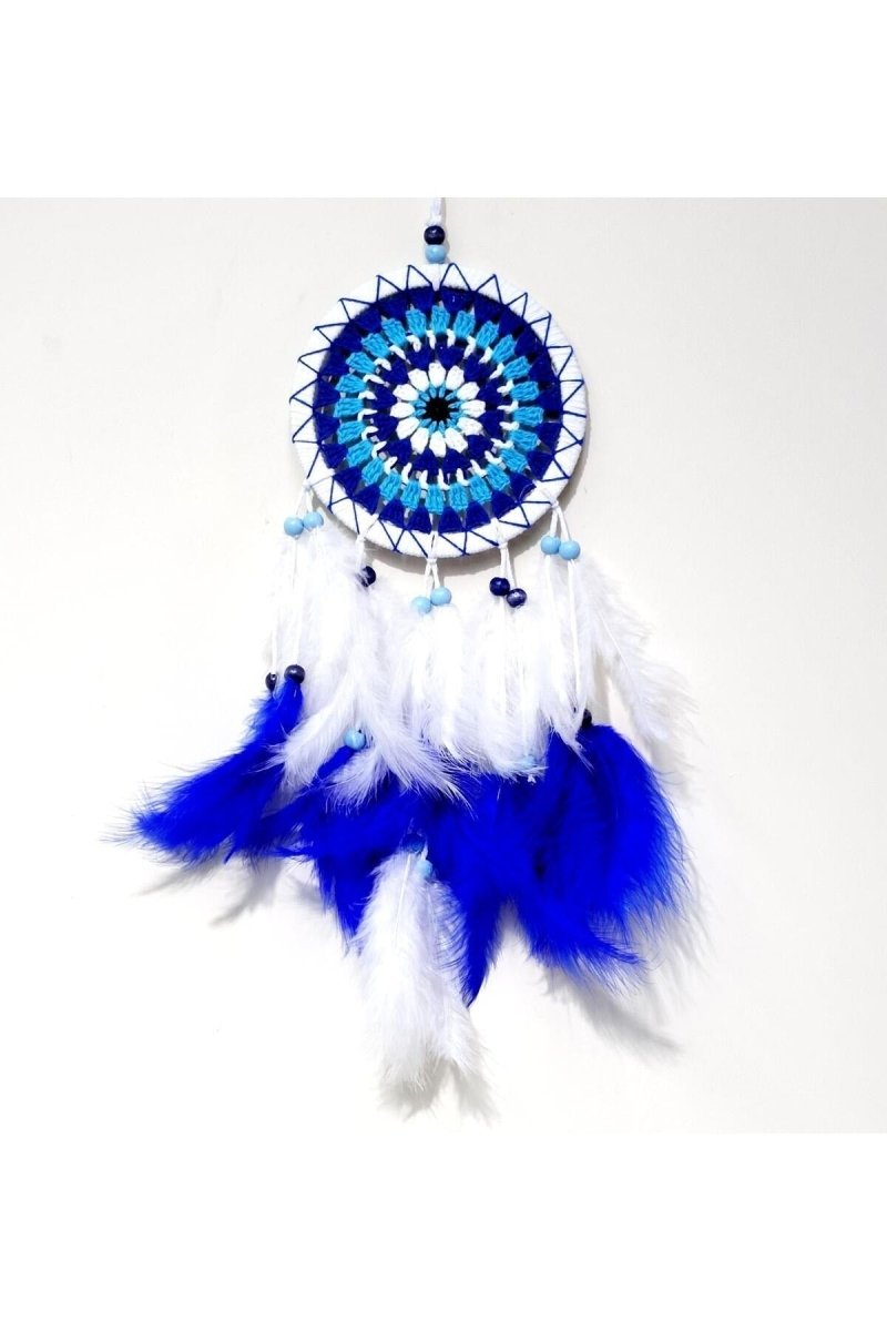 White Color Dream Catcher Handmade Nazar Beaded Pattern and Bird Feathers Wall Ornament - TryAladdin