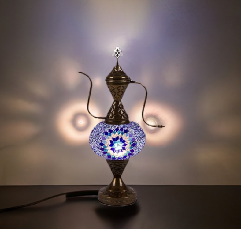 HND Handicraft | Handmade Glass Mosaic Desk Lamp, Blue and White Star Teapot Design - TryAladdin