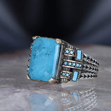 Tesbihevim | Chain Series Men's Silver Ring with Blue Topaz Stone - TryAladdin