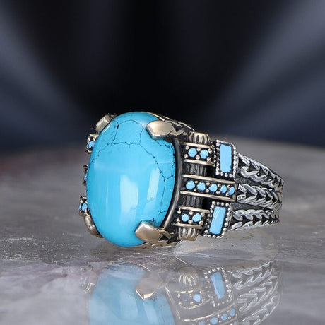 Tesbihevim | Chain Series Men's Silver Ring with Turquoise Stone - TryAladdin