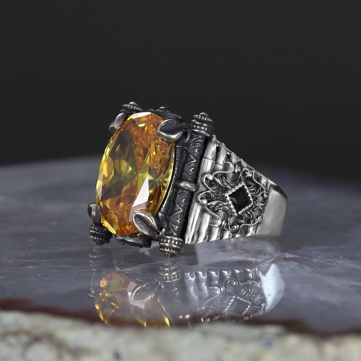 Tesbihevim | Men's Silver Ring with Citrine Stone - TryAladdin