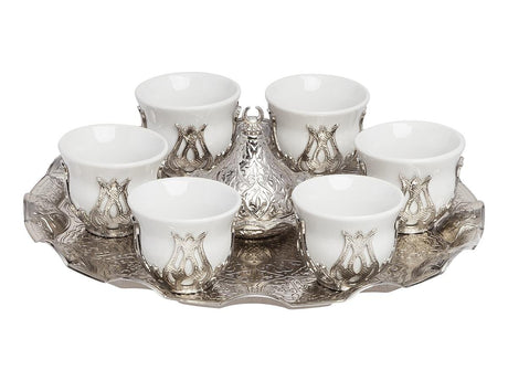 Acar | Mirra Arabic Coffee Set of Six With Metal Tray And Candy Bowl - White - TryAladdin