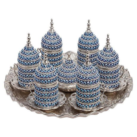 Acar | Nazar Beaded Turkish Tea Set of Six With Metal Tray And Candy Bowl - White - TryAladdin