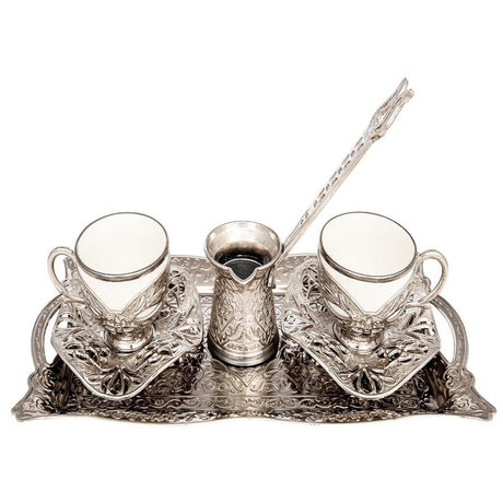 Acar | Turkish Coffee Set of Two With Tray + Coffee Pot - Gilded - White - TryAladdin