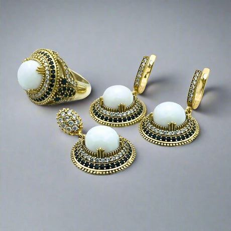 Istanbul Jewelry | White Agate Ottoman Style Handmade Silver Set - TryAladdin