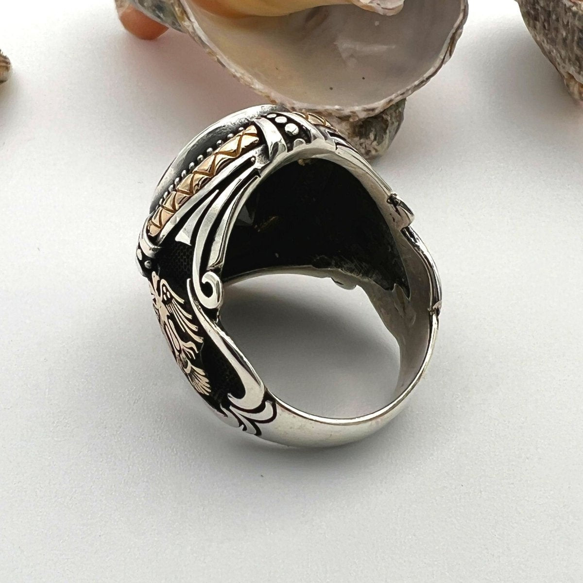 Black Onyx Stone Double Headed Eagle Men's Silver Ring - TryAladdin