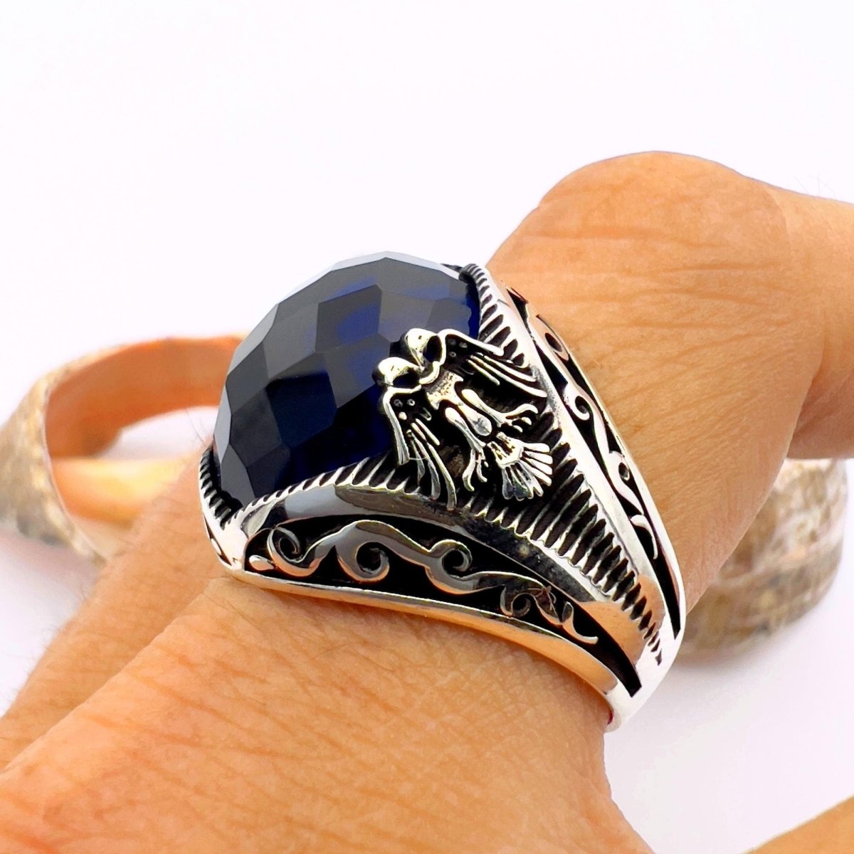 Blue Sapphire Double Headed Eagle Men's Ring - TryAladdin