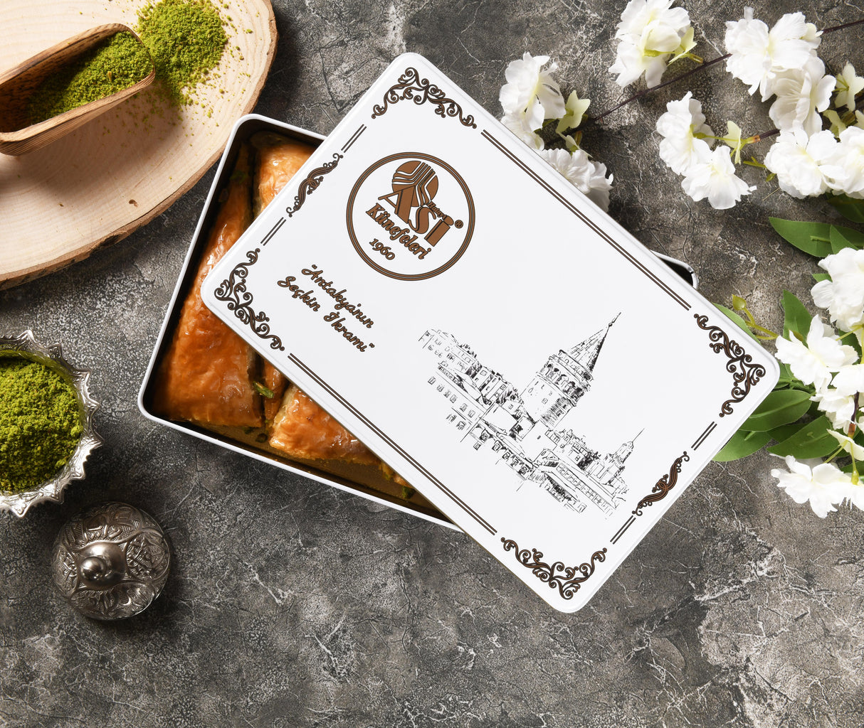 Asi | Carrot Slice Baklava with Pistachio in Gift Metal Box - TryAladdin