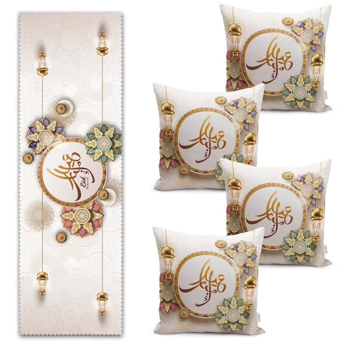 Eid Mubarak with Arabic Motif Digital Printed Runner and Cushion Pillow Cover Set - TryAladdin