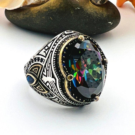 Exquisite Men's Mystic Topaz Oval Stone Silver Ring - TryAladdin