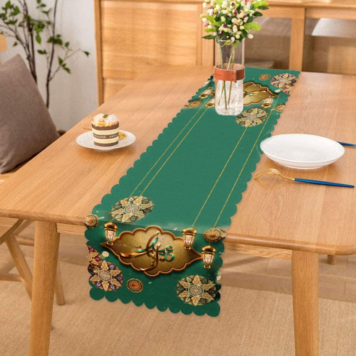 Green Background Ramadan Lantern Design Runner and Cushion Pillow Cover Set with Mubarak Motif - TryAladdin