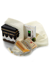 Kaaba Patterned Gift Set with Special Box - Scalloped Cover - Rawza Fragrance - Pearl Tasbih - Velvet Yasin, White - TryAladdin