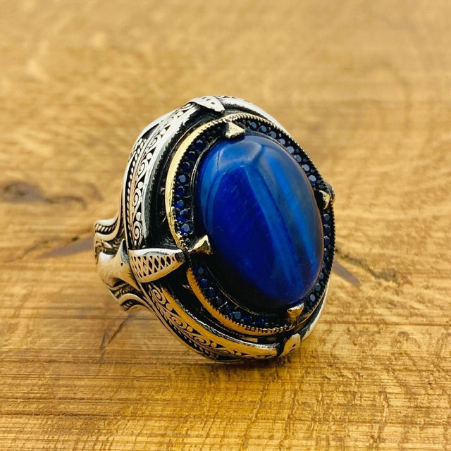 Men Blue Lapis Lazuli Silver Ring - TryAladdin