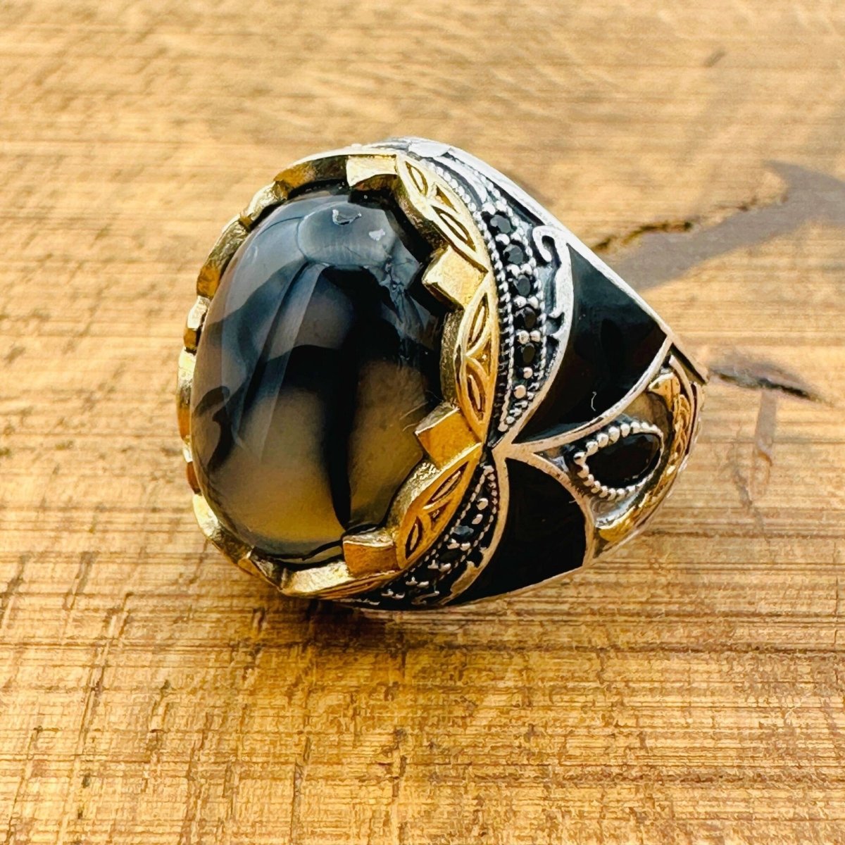 Men’s Black - Brown Agate Vintage Ring - TryAladdin