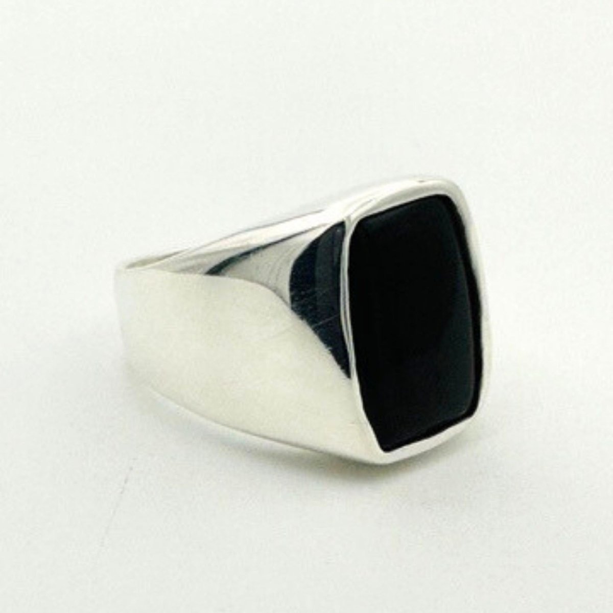 Men's Black Onyx Silver Rectangle Stone Ring - TryAladdin