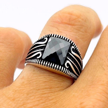 Men's Black Zircon Stone Silver Ring - TryAladdin