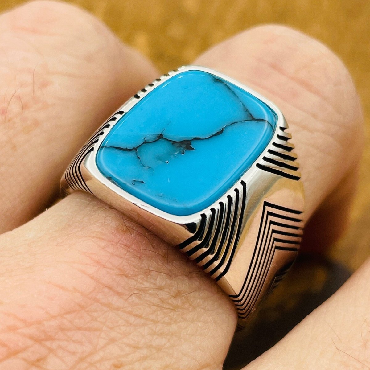 Men's Blue Turquoise Square Ring - TryAladdin