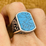 Men's Blue Turquoise Stone Silver Ring - TryAladdin