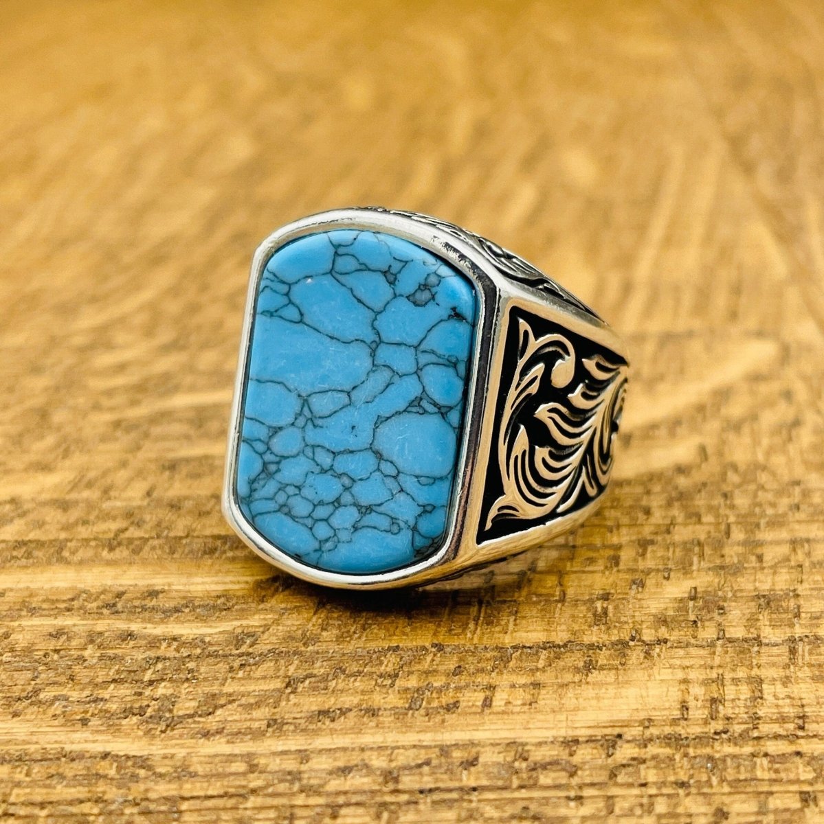 Men's Blue Turquoise Stone Silver Ring - TryAladdin