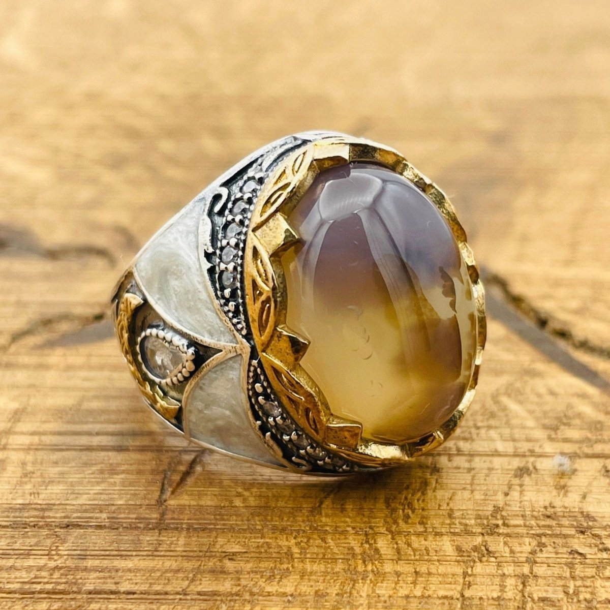 Men’s Brown Agate Oval Ring - TryAladdin