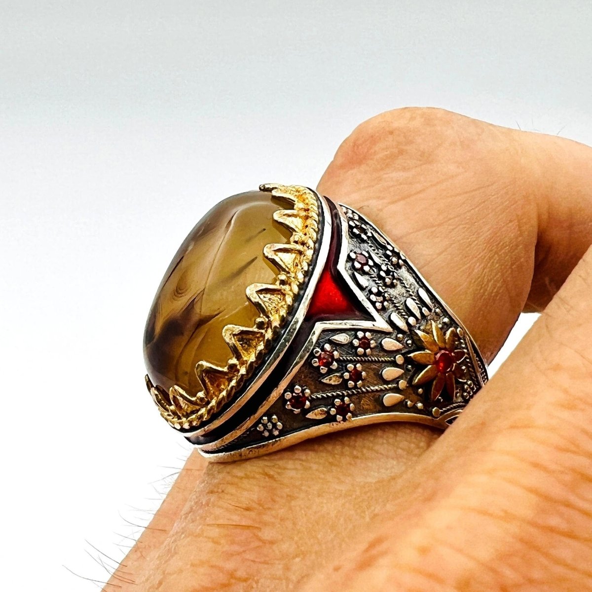 Men's Brown Agate Stone Silver Ring - TryAladdin