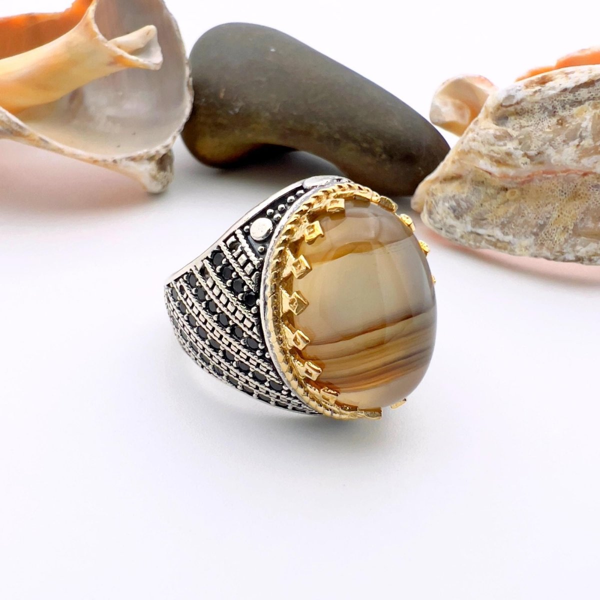 Men's Brown Agate Stone Silver Ring - TryAladdin