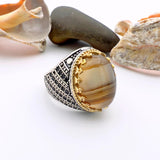 Men's Brown Agate Stone Silver Ring - TryAladdin