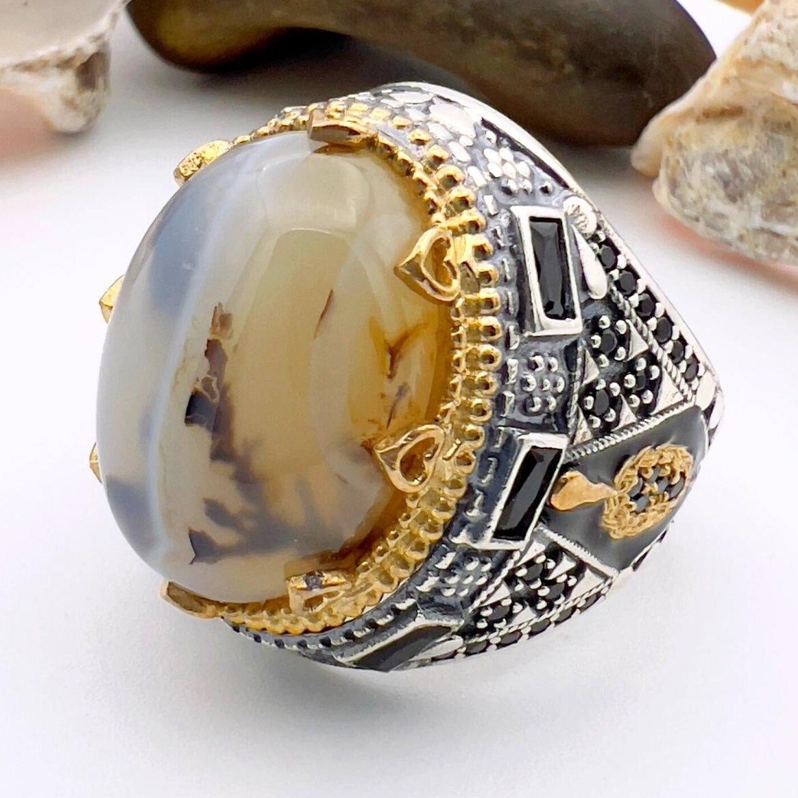 Men's Brown Agate Stone Silver Ring - TryAladdin