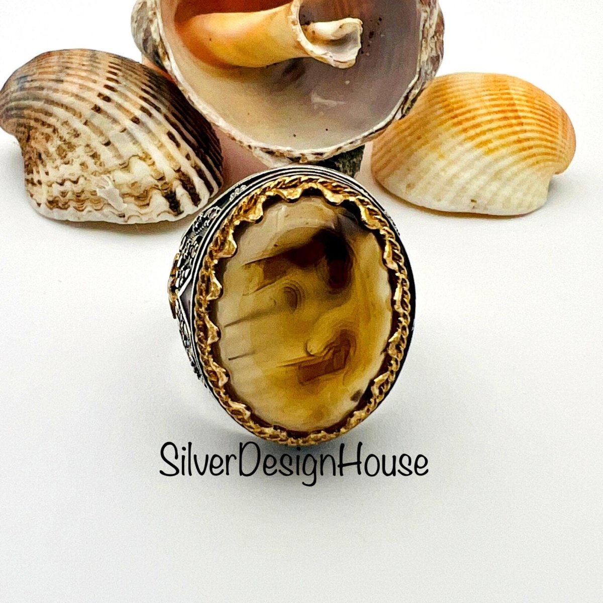 Men's Brown Agate Stone Silver Ring - TryAladdin