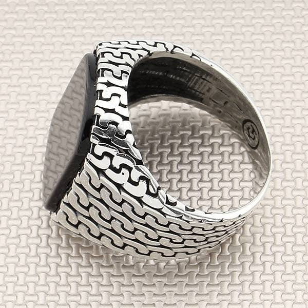 Men's Chain Patterned Plain Stone Handmade Silver Ring - TryAladdin