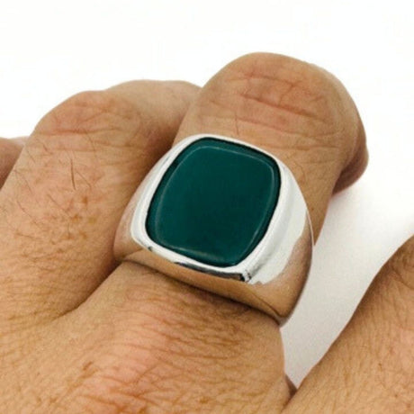 Men's Green Agate Gemstone Silver Ring - TryAladdin