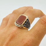 Men's Natural Red Aqeeq Silver Ring - TryAladdin