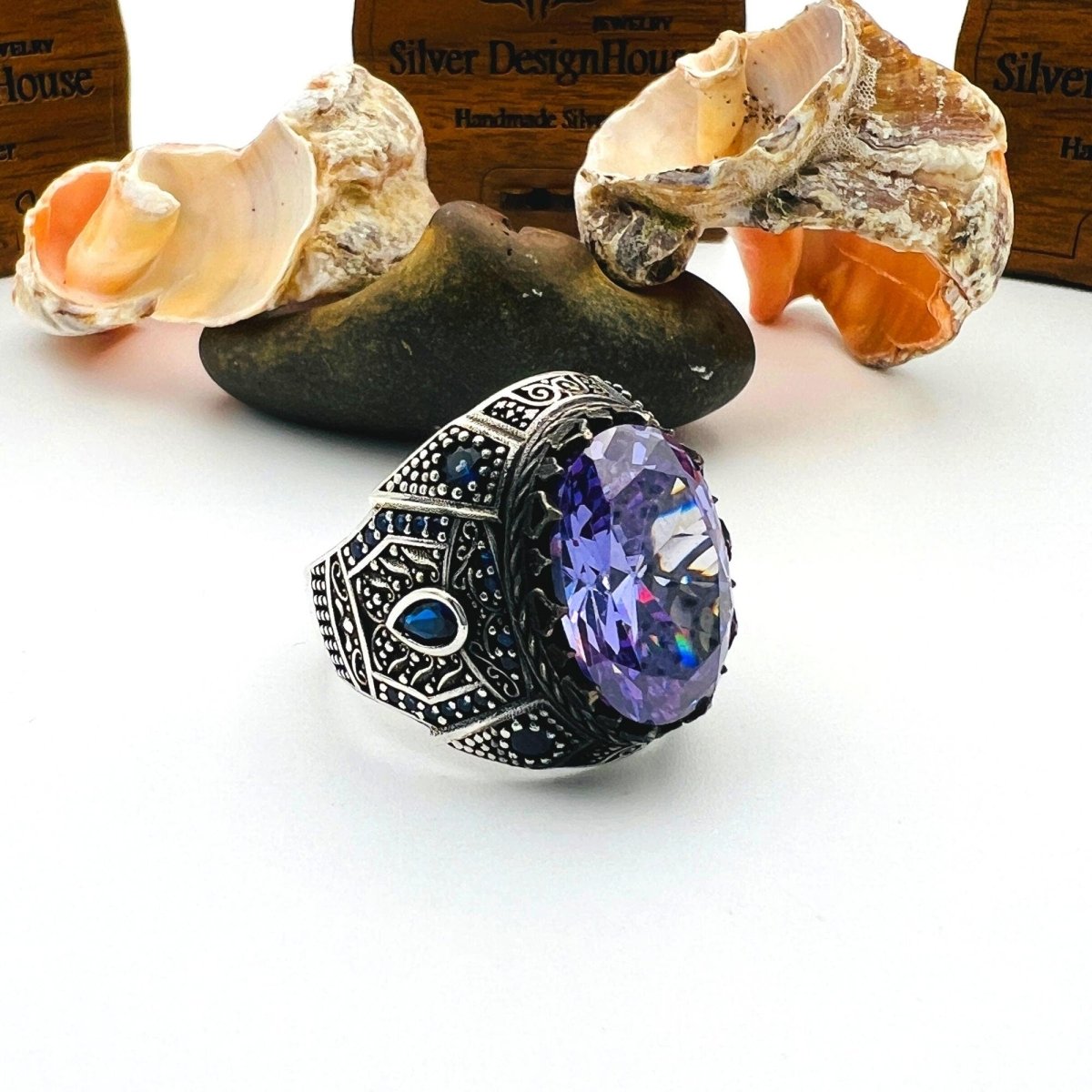 Men's Purple Amethyst Stone Turkish Silver Ring - TryAladdin