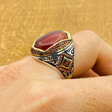 Men's Red Agate Ottoman Silver Ring - TryAladdin