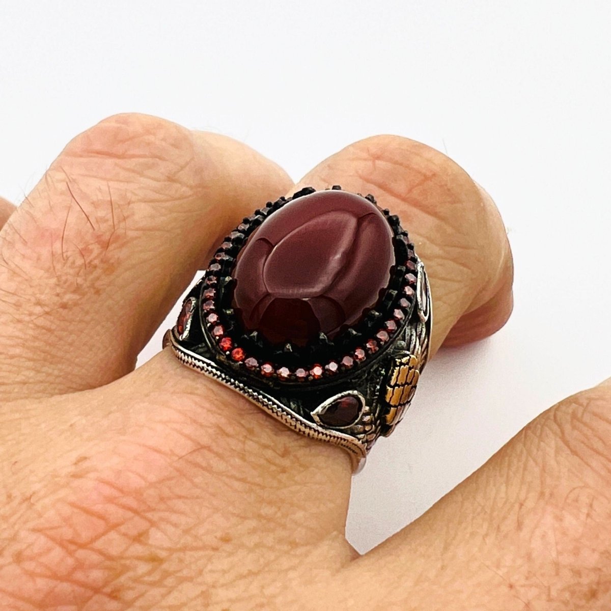 Men's Red Agate Silver Ring - TryAladdin