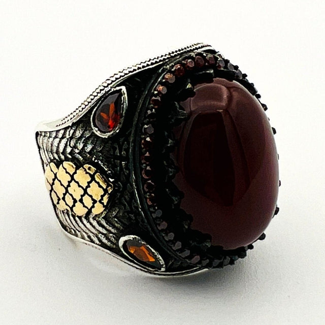 Men's Red Agate Silver Ring - TryAladdin