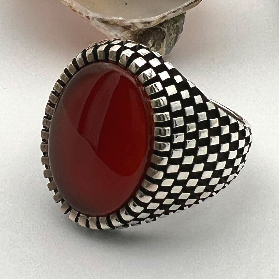 Men's Red Agate Stone Silver Ring - TryAladdin