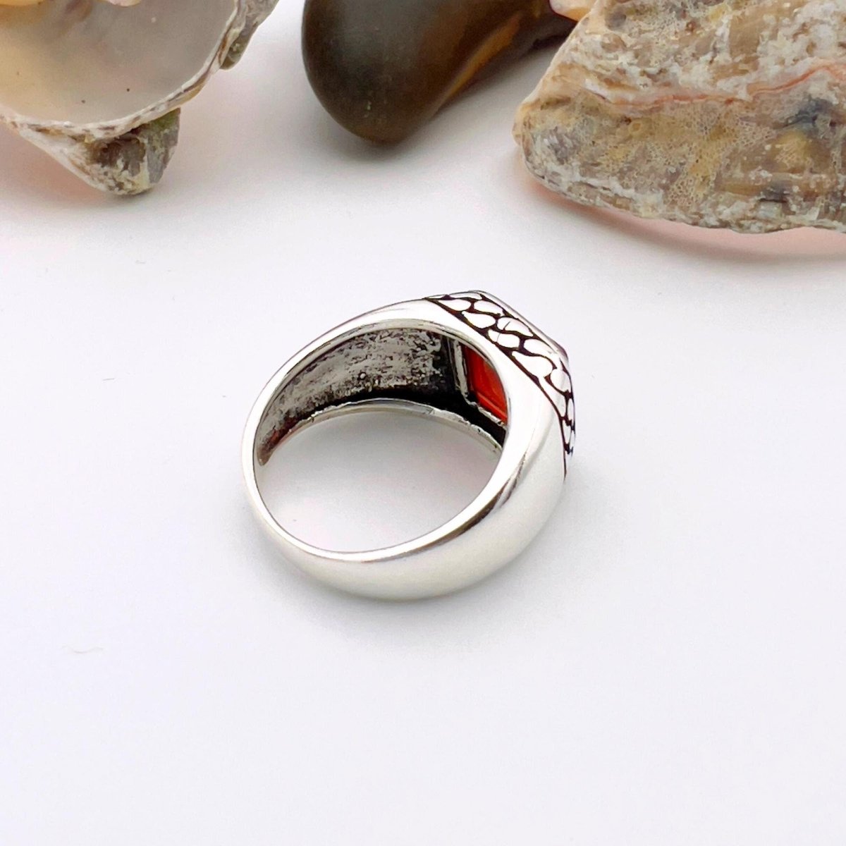 Men's Red Agate Stone Silver Ring - TryAladdin