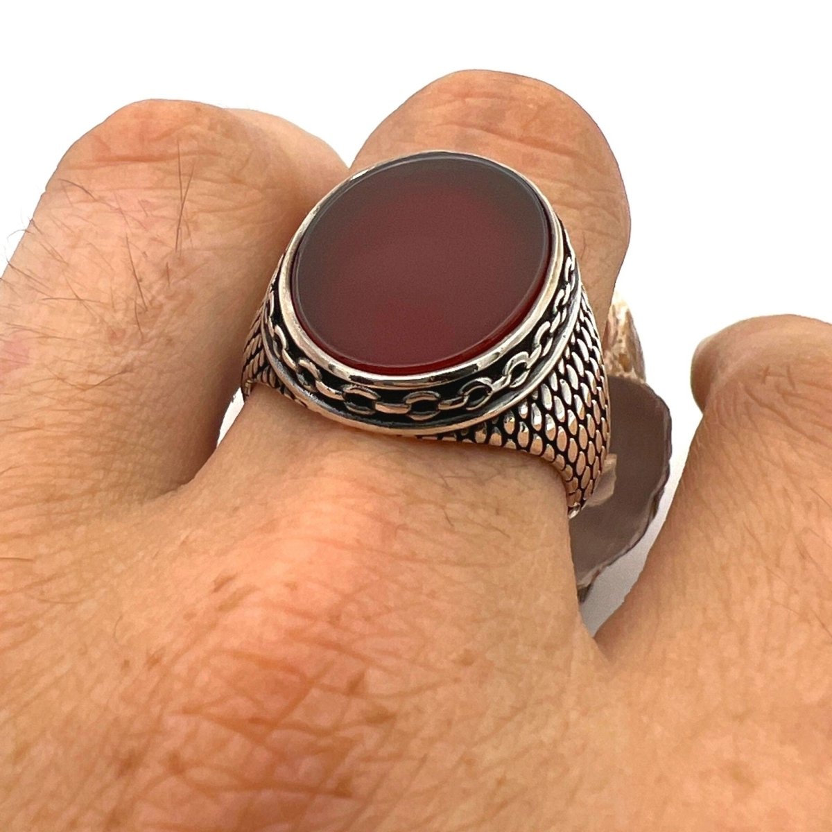 Men's Red Agate Stone Silver Ring - TryAladdin