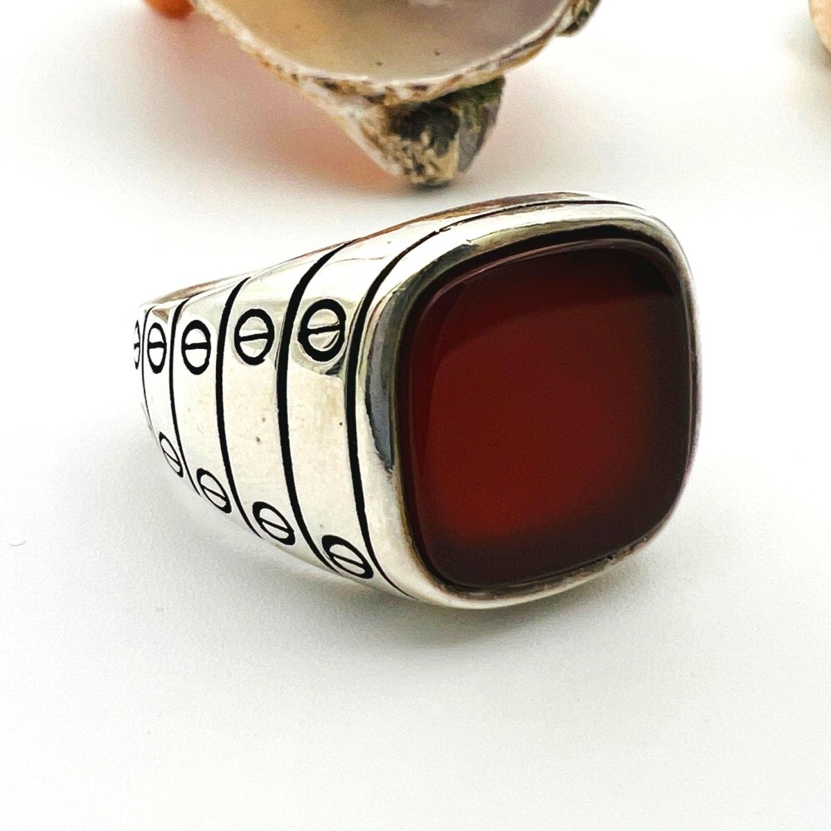 Men's Red Agate Stone Silver Ring - TryAladdin