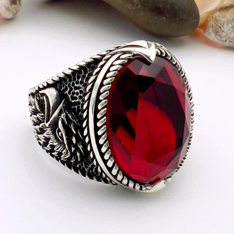 Men's Red Garnet Eagle Silver Ring - TryAladdin