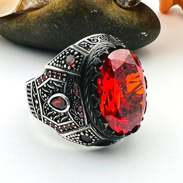 Men's Red Ruby Stone Silver Ring - TryAladdin