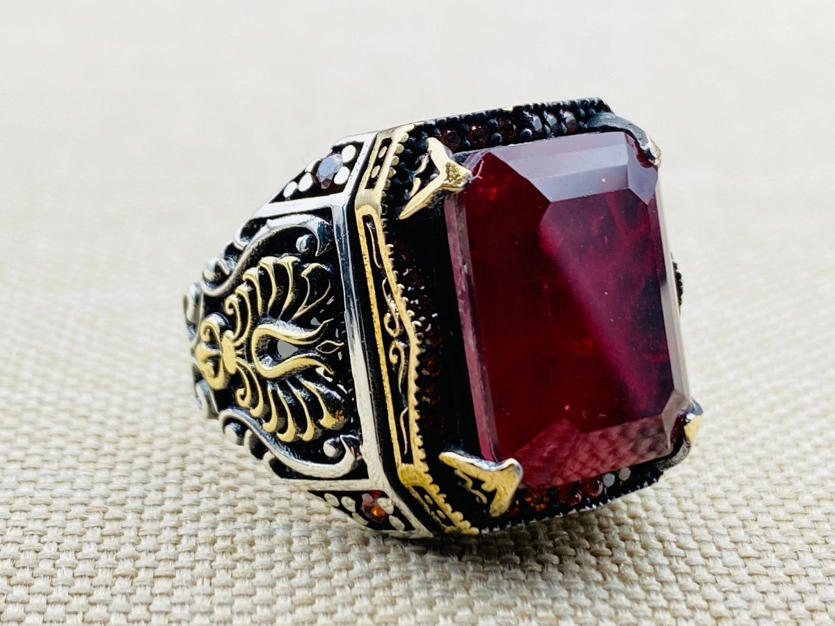 Men's Red Ruby Stone Silver Ring - TryAladdin