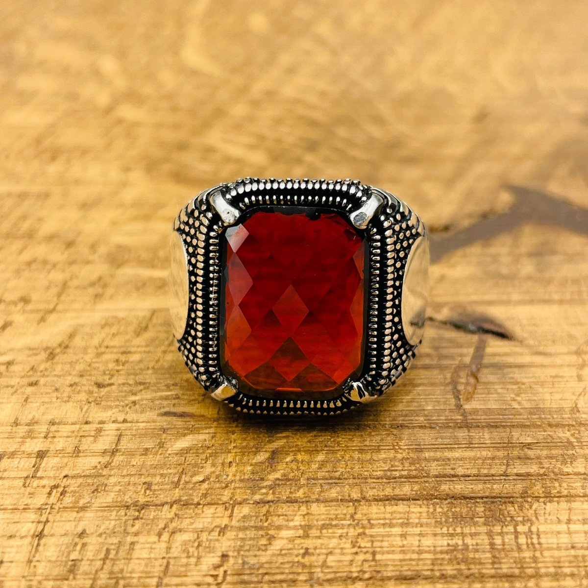 Men's Red Zircon Stone Silver Ring - TryAladdin