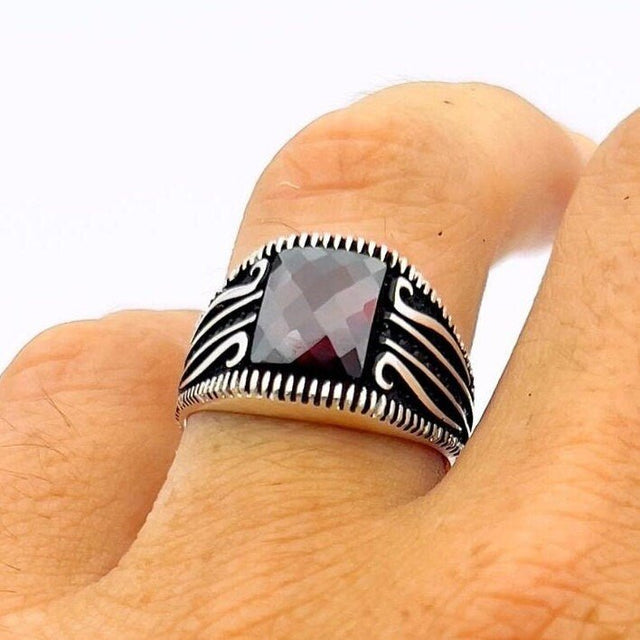 Men's Red Zircon Stone Silver Ring - TryAladdin