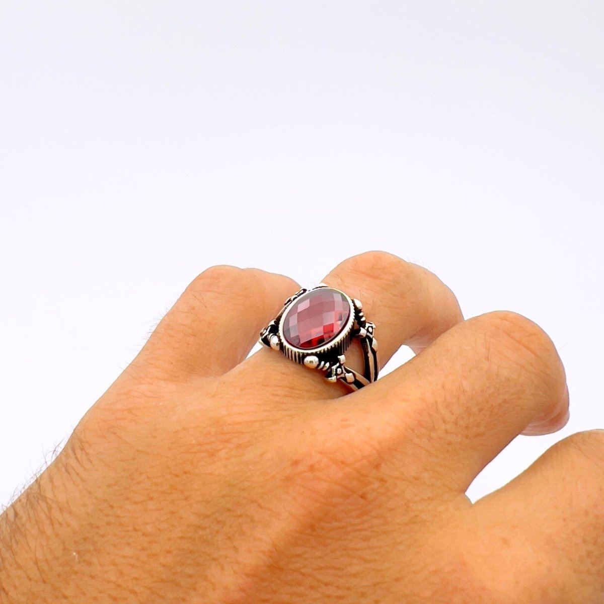 Men's Red Zircon Stone Turkish Handmade Sword Detailed Ring - TryAladdin