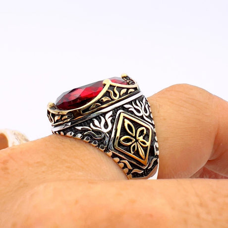 Men's Ruby Oval Stone Silver Ring - TryAladdin