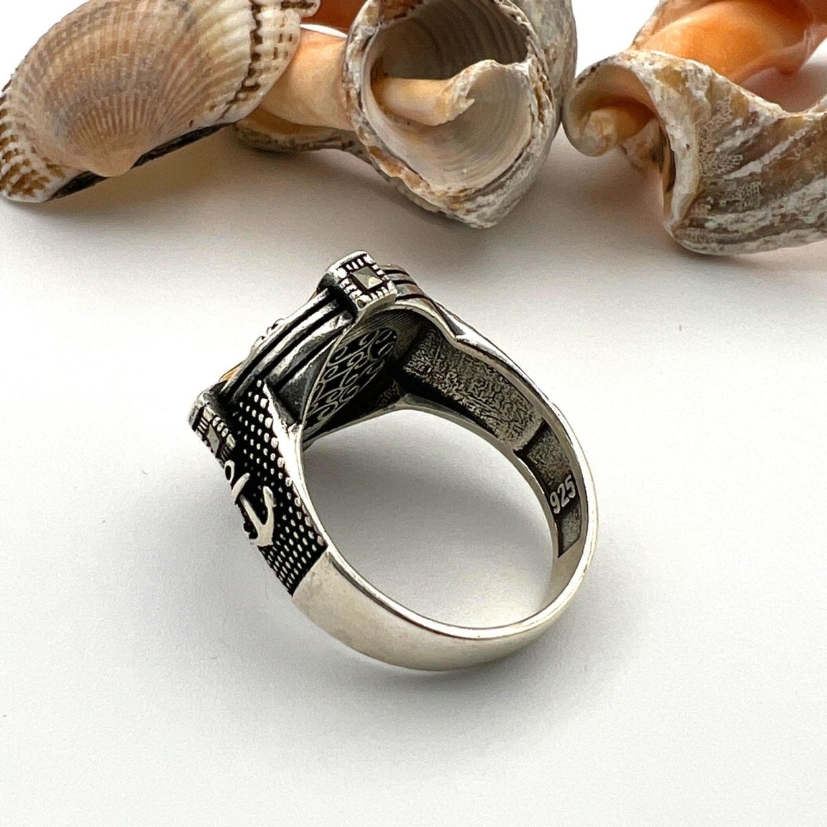 Men's Silver Agate Stone Compass Ring - TryAladdin